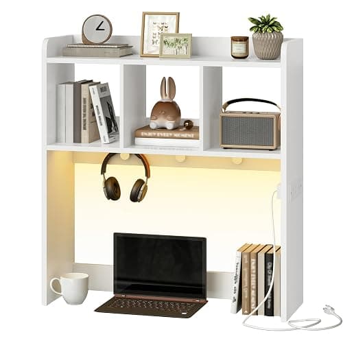 HOOBRO Desktop Bookshelf, Office Desktop Shelf, Desk Hutch with Outlets, Wooden Office Desktop Bookcase, Desktop Organizer Shelf with LED Light Strip and 3 Hooks, for Home, Study, White WT12UDSJ01 - Image 1