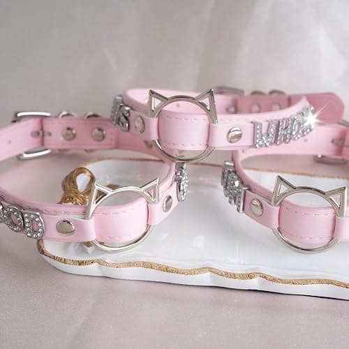 ADEMISHIA Black O-ring Choker Collar For Women, Pink Vegan Leather Choker Necklace Jewelry with Cat-shaped Ring and Rhinestone Letters - Pink - DADDYS thumbnail 6