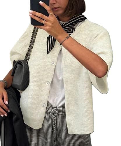 KMBANGI Women Knitted Cropped Blouse Short Sleeve Button Knit Shirt Crop Cardigan Y2k Open Front Knitwear Tops Dressy - Image 1