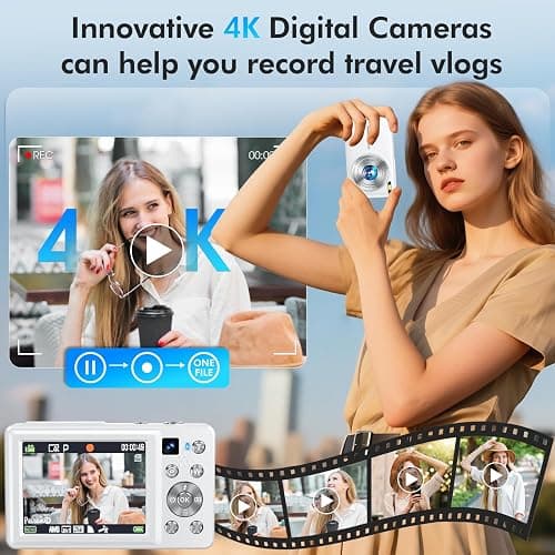 4K Digital Camera, 64MP Autofocus Vlogging Camera with Dual Lens, 16X Digital Zoom YouTube Compact Travel Point Shoot Camera for Teens Beginner, Anti-Shake,2 Batteries, 32GB Card (White) thumbnail 2
