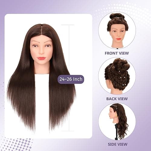 Mannequin Head Human Hair 80% Real Hair Cosmetology Mannequin Head for Braiding Styling Cutting 26-28” Doll Head with Clamp Tools (Brown) thumbnail 5