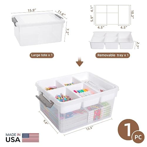 Citylife 17QT Clear Craft Organizers and Storage Box with Removable Tray | Stackable Art Supply Organizer Storage Bins with Lids for Beads, Markers, Sewing, Tools, Playdoh, Coloring Books, Made in USA thumbnail 3