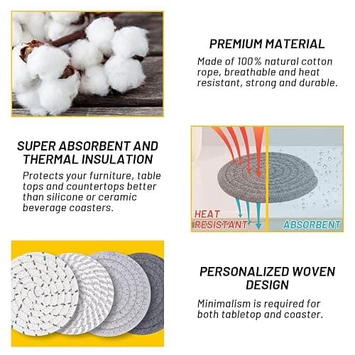 Mckanti 8 Pcs Drink Coasters with Holder, 4 Colors Absorbent Coasters, Minimalist Cotton Woven Coaster Set for Living Room Decor, Tabletop Protection Suitable for Kinds of Cups, 4.3 Inches thumbnail 4