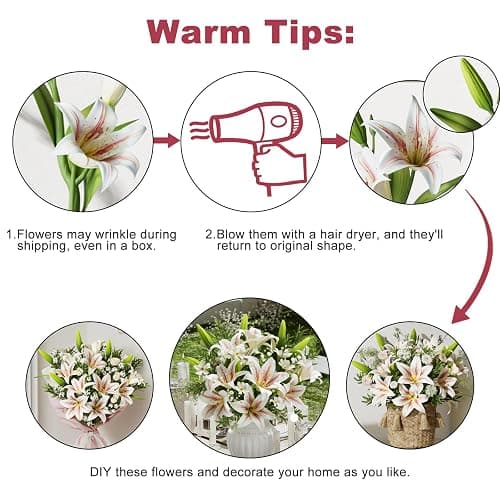 DBCMEW 6PCS Artificial Lilies Set, Short Stem Artificial Flowers with 12 Heads Fully Bloomed Lilies and 6 Buds for Office/Wedding/Home Decoration/Party/Flower Arrangment/Bonquet DIY/Grave thumbnail 3