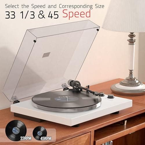 Record Player Turntables with Wireless Output Connectivity Vinyls Players Belt-Drive 33 45 RPM Speed Phono Line USB Digital to PC Recording MM Cartridge AT-3600L Classic New Sleek Piano White thumbnail 4
