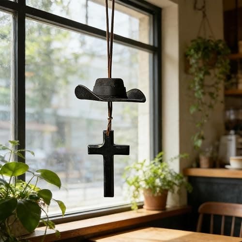 Cowboy Hat Cross Car Charm,Retro Western Country Rearview Mirror Hanging Mini Cute Car Interior Decoration for Men Women (Black) thumbnail 5