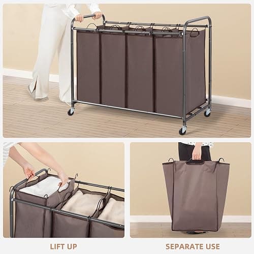 STORAGE MANIAC Laundry Sorter, 4 Section, Laundry Hamper with Wheels, Eco-friendly, Portable, Removable, Waterproof, Brown thumbnail 5
