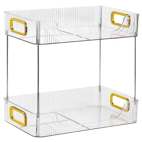 YOFAPA Bathroom Shelf Organiser, Double Layer Bathroom Countertop Organizer with Gold Handles, Clear Plastic Washroom Tray Organizer, Removable Storage Rack for Skincare and Toiletries - Image 1