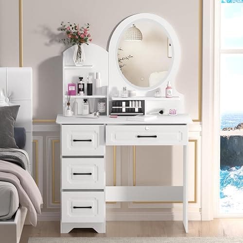balurukt Vanity Desk with Sliding Mirror and Lights,Makeup Vanity Set with 6 Storage Shelves 4 Drawers Dressing Table for Bedroom Dressing Room Hidden Storage Space(White) White thumbnail 8