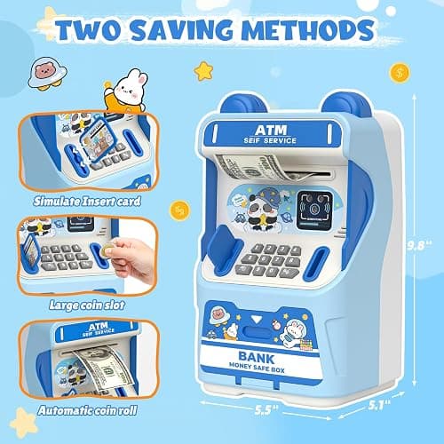 Rabbit ATM Piggy Bank for Girls with Automatic Bill Roller, Electronic Coin Bank with Simulated Card Slot & Facial Recognition, ATM Money Saving Box with Music Function for Kids(Blue) thumbnail 3