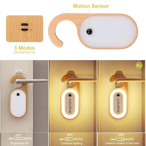 Leapair Wooden Message Memo Motion Sensor Door Key Night Light, Doorknob Board LED Door Lock Lamp, Rechargeable Doorhandle Warm Light Hook Design for Bedroom, Bathroom thumbnail 4