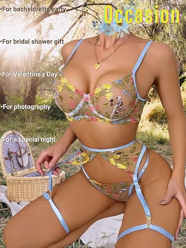 Kaei&Shi Vibrant Floral Embroidery, Underwire, Thong, Thigh Straps, Lingerie Set - 0-2 - Blue thumbnail 5