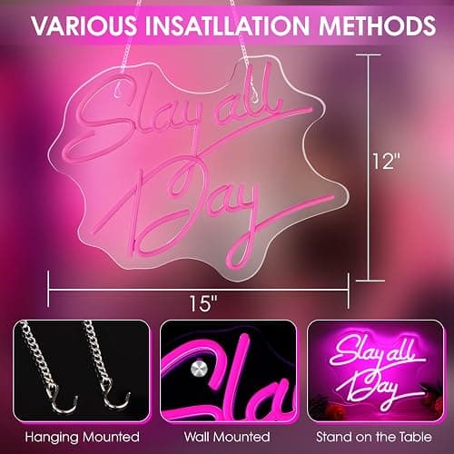 Teen Girl Gifts, Slay All Day Neon Sign Pink Aesthetic Slay LED Lights and USB Powered Bright Dimmable Funny Y2k Signs for Teenage Preppy Dorm Room Women Bedroom Downtown Coquette Room Wall Decors thumbnail 3