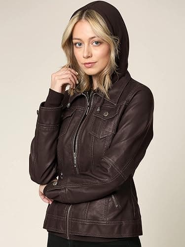 Made By Johnny Faux Leather Jacket Women Motorcycle Coat for Biker with Removable Hood thumbnail 6