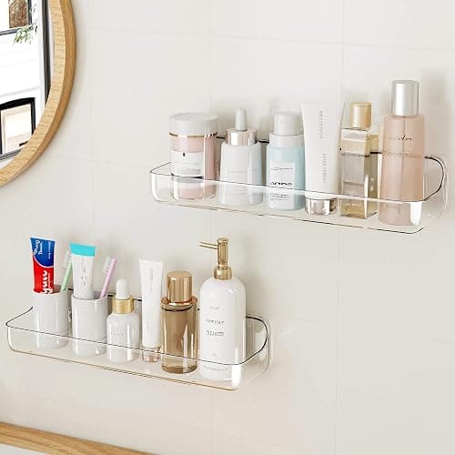 UDD Acrylic Clear Shower Caddy Adhesive Shelf, 2pc Plastic Shower Organizer with Self Adhesive Tape, No Drilling Wall Mount Shower Shelves for Bathroom Kitchen, Transparent - Image 1