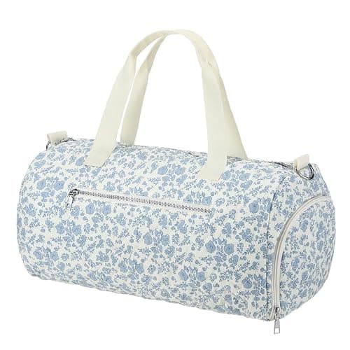 Dansydaisy Blue Floral Quilted Duffle Bag for Women Cotton Large Floral Travel Duffle Dance Bag with Adjustable Carry Strap and Handy Pouch Backpack for Dancers Travel - Image 1