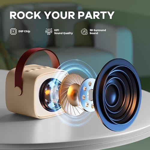 YLL Mini Karaoke Machine with 2 Wireless Microphones for Kids Adults, Portable Bluetooth Speaker Gift for Girls Toys 4, 5, 6, 7, 8, 10, 12+ Years Old Teens Birthday(Beige) thumbnail 2