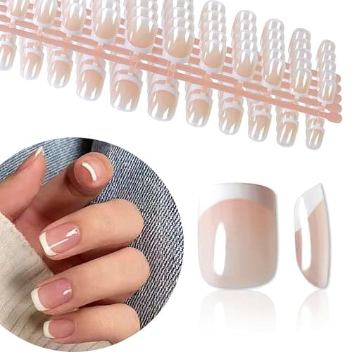 120Pcs 5 Pack Children ABS Plastic Fake Nails Press on Full Cover IKISKT Classic French Color Short False Nail Art Kits Sets Great Christmas Gift for Kids Girls Women - Image 1