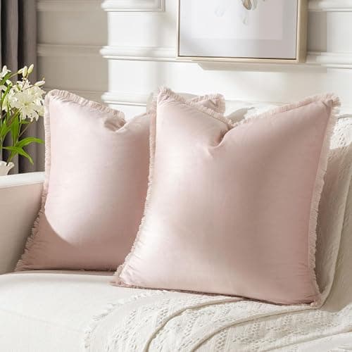 FUTEI Valentines Pink Boho Throw Pillow Covers with Tassels 18x18 Inch Set of 2,Soft Velvet Decorative Cushion Case,Home Decor for Couch Bed Living Room - Pink - 18" x 18" (Pack of 2) - Image 1