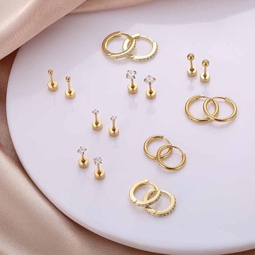 Jstyle 9 Pairs Earrings Sets for Multiple Piercing Hypoallergenic 14K Gold Plated Small Huggie Hoop Earrings for Women Tiny Ball CZ Gold Flat Back Stud Earrings for Women Lobe Helix Cartilage Earrings - Gold Tone thumbnail 7