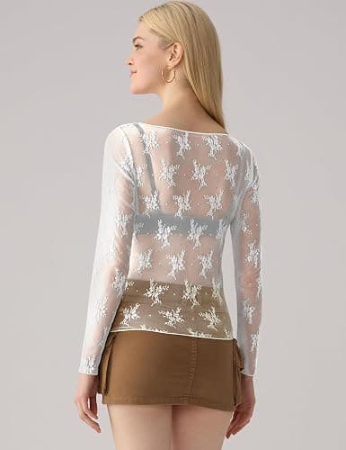 KTILG Womens Lace Long Sleeve Boat Neck Tops Sheer Blouse Sexy See Through Shirt Mesh Top S-XXL thumbnail 4