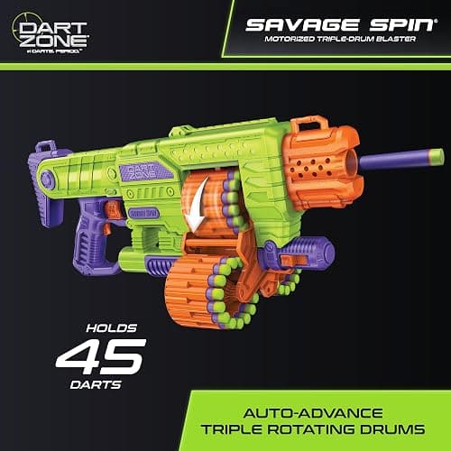DART ZONE Savage Spin Semi-Auto Foam Dart Blaster – 45-Dart Triple-Drum Motorized Foam Dart Gun – NERF Dart Compatible Soft Bullet Toy Gun for Kids w. 90 Darts – AKA Adventure Force Gun – 80 ft Range thumbnail 3