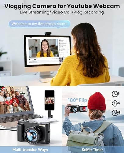 4K Digital Camera for Photography, WiFi Autofocus 64MP Vlogging Camera for YouTube, 180° 3" Flip Screen 30FPS Video Cameras with Flash Anti-Shake 16X Zoom 32GB Card, Compact Travel Digital Camera thumbnail 6