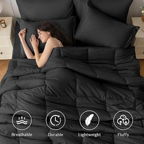 JOLLYVOGUE Queen Comforter Set, Ultra-Soft Bed in a Bag Queen Size 7 Pieces, Oeko-TEX Certified Bedding Set with Down Alternative Comforter, Sheets, Pillowcases & Shams, Black thumbnail 3
