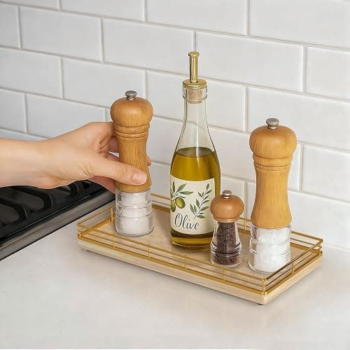 Bathroom Vanity Tray for Countertop, 12" x 6" Oak Wood Toilet Tank Tray with Metal Guardrail, Bathroom Organizer for Soap, Perfume & Skincare, Non-Slip Decorative Tray for Dresser, Gold & Natural Oak thumbnail 8