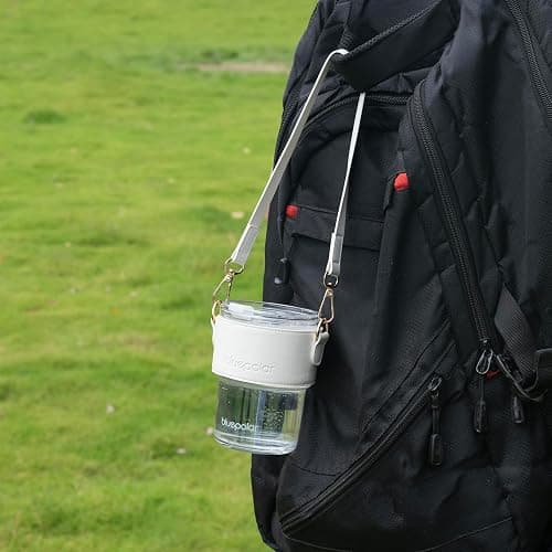 BLUEPOLAR 13oz/400ml Glass Water Tumbler with Straw and Lid Sealed Carry on Thick Wall Iced Coffee Cup for Water, Iced Tea, Fruit Juice (White with Sleeve and Strap) thumbnail 4