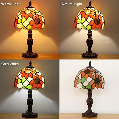 tuomoxte Tiffany Table Lamp,3 Color-Temperature Sunflower Stained Glass Lamp,8X8X15 Inch Small Accent Antique Nightstand Bedside Table Lamps for Bedroom Living Room Home Office Light +LED Bulb thumbnail 2