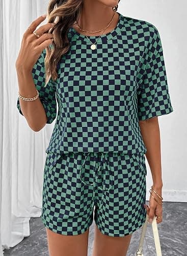 SHEWIN Women's Plaid 2 Piece Short Sets 2026 Lounge Beach Travel Vacation Outfits Matching Shorts Sweatsuit with Pockets thumbnail 5