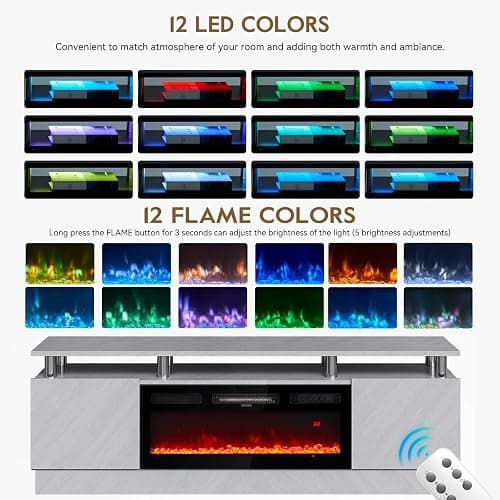 OneBlis 70" TV Stand for Living Room, Entertainment Center with Storage Cabinet, Fits TVs up to 80", Modern Media Console with Shelves, 36" Electric Fireplace (Grey+Black) thumbnail 5
