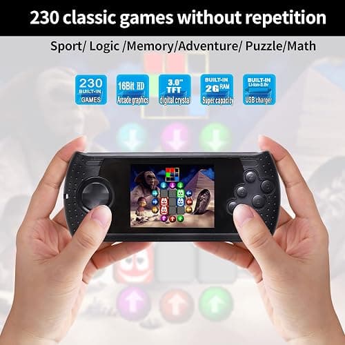 16 Bit Handheld Game for Kids Built-in 230 HD Classic Retro Video Games USB Rechargeable 3.0 Inch Childrens Travel Electronics Toys Portable Gaming Player System Gift for Boys Girls Ages 4-8-12 thumbnail 3