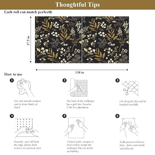 Laatse Black Gold Wallpaper Peel and Stick Dark Floral Wallpaper 17.5in x 118in Vintage Leaf Contact Paper Vinyl Waterproof Self Adhesive Boho Botanical Wall Paper for Bedroom Cabinet Décor thumbnail 3