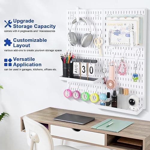 Pegboard Wall Organizer Kit – Heavy Duty 20lbs Load Bearing, Easy Installation, 4 Peg Board Panels 14 Accessories – Multi-Surface Use For Garage, Office, Kitchen & Crafts (White Pegboard,24″×24″) thumbnail 2