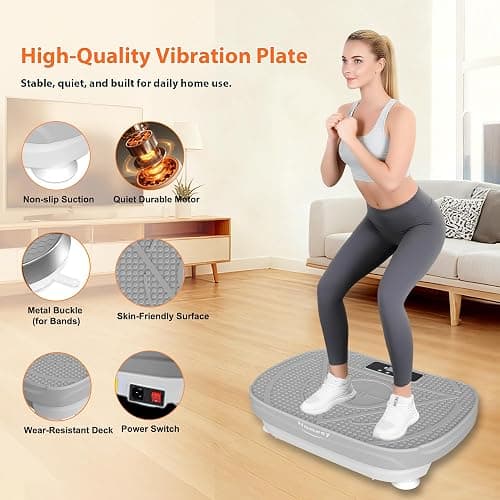 Homesy Vibration Plate Exercise Machine for Lymphatic Drainage | Includes 2 Resistance Bands and Remote, LED display, Anti-slip Suction Cups, Fat Burning, Compact for Home Workouts thumbnail 4