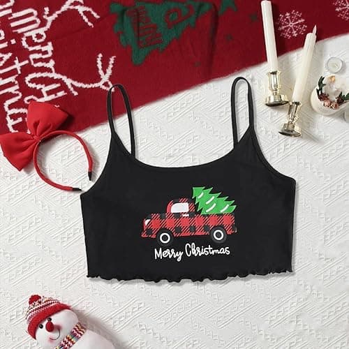 LOTUSTAR Christmas Pjs for Women Crop Tops Pj Set with Shorts Round Neck Camisole Cute Pajama Sets Halter thumbnail 2