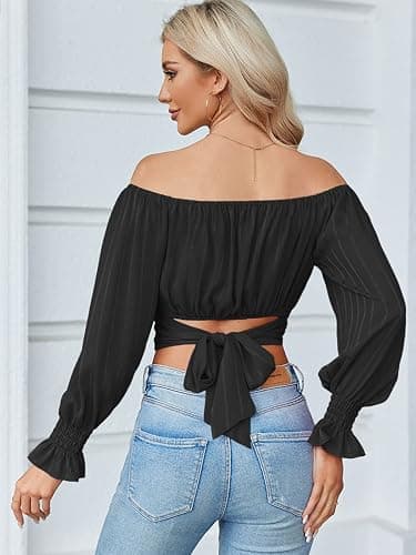 MIRACMODA Woman Off Shoulder Ruched Tie Back Lantern Sleeve Crop Tube Top Chiffon Blouse - Small - T-black thumbnail 2