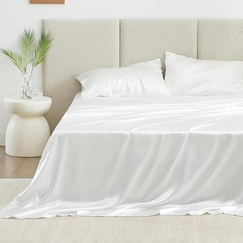 Love's cabin Twin XL Satin Sheet Sets - 3 Piece White Silky Bed Sheets with Deep Pockets, Luxury Silk Feel Satin Sheet Set Twin XL (1 Flat Sheet,1 Fitted Sheet,1 Pillow case) thumbnail 3