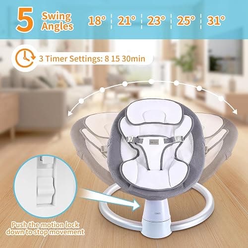 Uuoeebb Electric Baby Bouncer with Bluetooth, Baby Bouncer Chair with 5 Swing Speed, 3-Stage Timer and Remote Control, Portable Baby Swing Chair from Birth for 0 Months Plus Newborn Boys Girls (Grey) - Grey thumbnail 2
