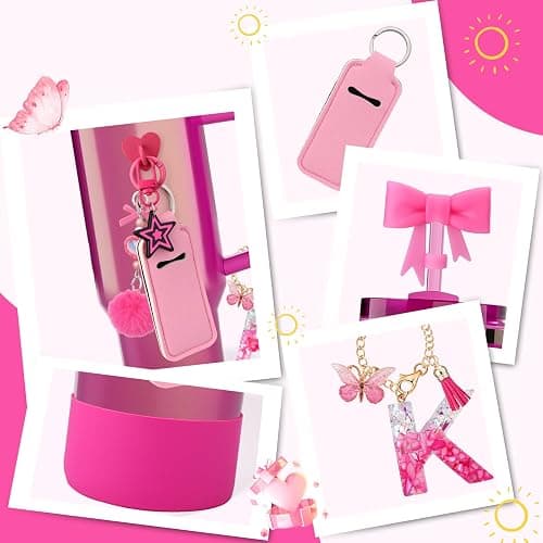 AIERSA 9PCS Cup Accessories Set for Stanley Cup 30oz 40oz Tumbler with Handle, Including Bow Straw Topper Cover Cap and Boot, Spill Proof Stopper, Initials Letter Charms for Handle, Pink Keychain (K) thumbnail 5