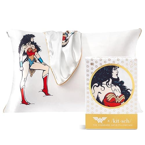 Wonder Woman x Kitsch Satin Pillowcase with Zipper for Hair & Skin - Softer Than Silk Pillow Cases, Cooling Satin Pillow Case, Wrinkle-Free Pillow Cases Standard Size (19x26) - Believe in Wonder - Image 1