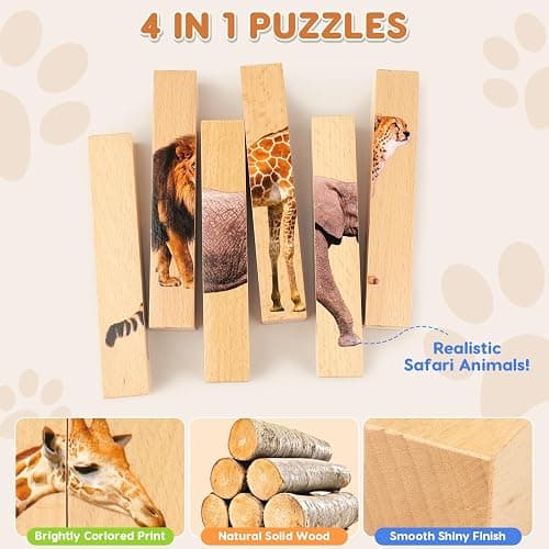 Wooden Puzzles for Toddlers 1-3: Animal Toddler Puzzles for 2-4 Years Old, Montessori Toys Learning Educational Chunky Puzzle, 4-in-1 Safari Animal Wooden Toys for Kids Baby Boys Girls Gifts thumbnail 5