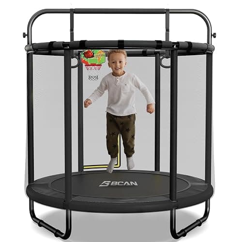 BCAN 60''/55" Mini Trampoline for Ages 1 to 8 Kid, 5FT Toddler Trampoline - Indoor/Outdoor Use with Enclosure Net, Adjustable Gymnastics Bars, Basketball Hoop, Gifts for Boys & Girls - 55IN - 55-BLACK - Image 1