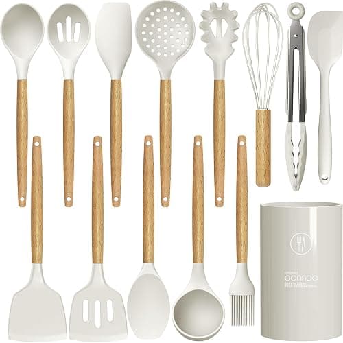 Silicone Cooking Utensils Set - 446°F Heat Resistant Silicone Kitchen Utensils for Cooking,Kitchen Utensil Spatula Set w Wooden Handles and Holder for Non-Stick Cookware (Cream White) - Image 1