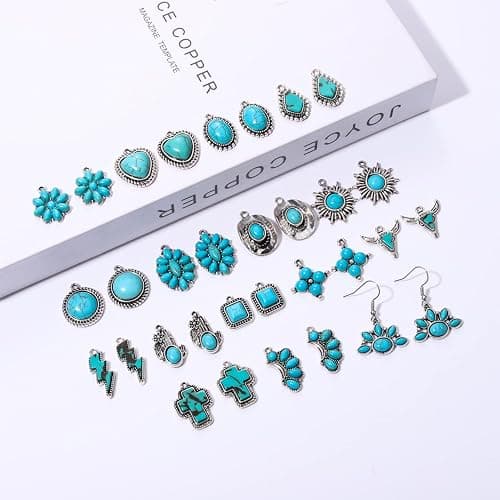 NVENF 32PCS Western Charms for Jewelry Making, Synthetic Turquoise Vintage Cactus Heart Flower Lightning Cowboy Boot Pendant for Bracelet Necklace Earring DIY Crafts thumbnail 2