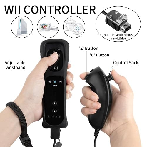 PaveRovi 2Pack Motion Plus Wii Controllers with Nunchucks,Wii Remote Controllers with Built in Motion Plus Compatible for Wii/Wii U Consoles(Red+Black) thumbnail 3