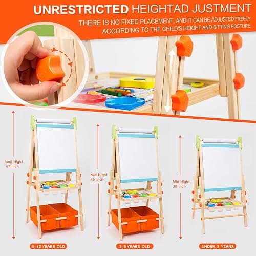 Kids Easel Including 100+ Accessories, Rundad Double Sided Wooden Easel for Kids Age 3-8 with Magnetic Chalkboard & Painting Board, Free Height Adjustable Art Easel Supplies for Toddlers thumbnail 2