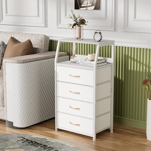 Furnulem Tall 4 Drawers Dresser, Vertical Storage Tower for Bedroom, Hallway, Entryway, Nursery, Closet Organizer, Nightstand Bedside Table Furniture, Sturdy Steel Frame, Wood Top, White - White - 4 Drawers thumbnail 2